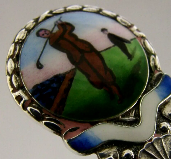 ANTIQUE ENGLISH STERLING SILVER ENAMEL GOLF SPOON 1930 ART DECO GOLFING