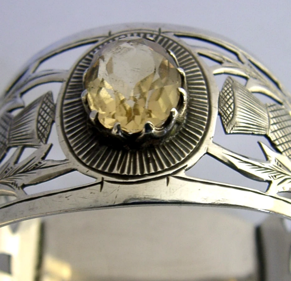 ARTS & CRAFTS STERLING SILVER SCOTTISH THISTLE CITRINE NAPKIN RING 1929 ANTIQUE