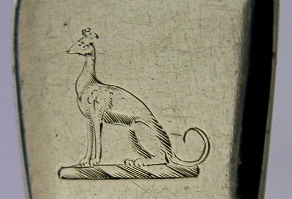 ENGLISH 60g STERLING SILVER GREYHOUND DOG CRESTED SPOON 1807 GEORGIAN ANTIQUE