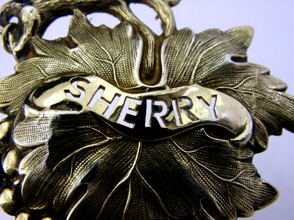HUGE HEAVY 42g ENGLISH STERLING SILVER GILT SHERRY DECANTER BOTTLE WINE LABEL