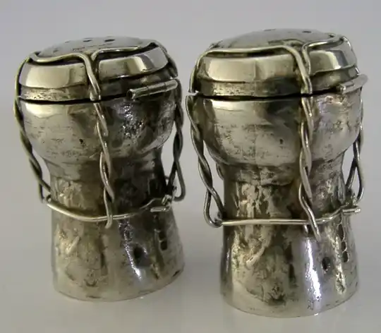 RARE 190g STERLING SILVER CHAMPAGNE CORK SALT & PEPPER POTS 2001 WEDDING GIFT