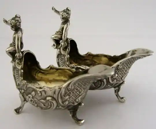 SUPERB CAST HANAU SOLID STERLING SILVER CHERUBS SALT CELLARS c1900 ANTIQUE