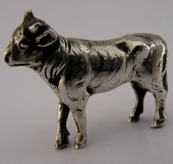 ANTIQUE SOLID SILVER MINIATURE BULL COW FIGURE ANIMAL c1900