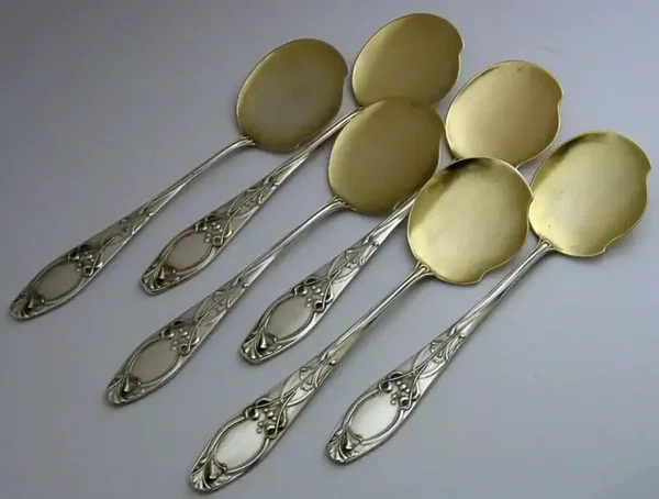 SUPER 800 SOLID SILVER GERMAN ART NOUVEAU ICE CREAM SPOONS c1905 118g ANTIQUE