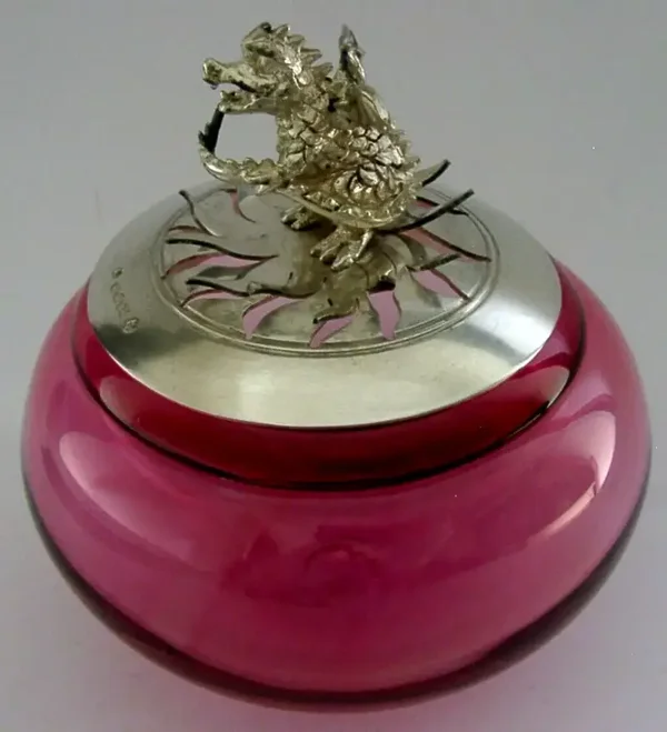 RARE CRANBERRY GLASS STERLING SILVER DRAGON POTPORRI BOWL 330g LONDON 2000