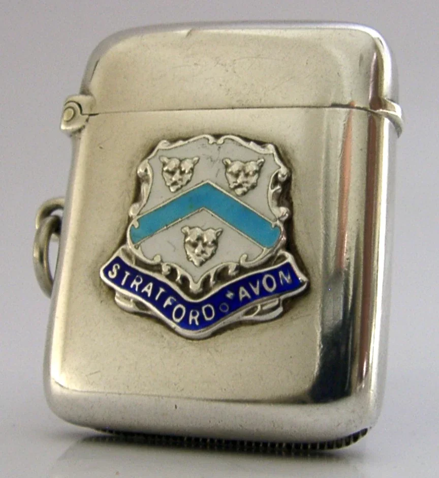 ANTIQUE ENGLISH STERLING SILVER ENAMEL STATFORD-ON-AVON VESTA CASE 1912