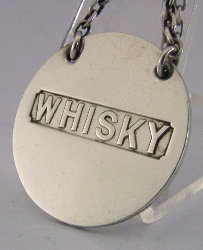 SAMPSON MORDAN STERLING SILVER WHISKY DECANTER BOTTLE LABEL 1908 BARWARE