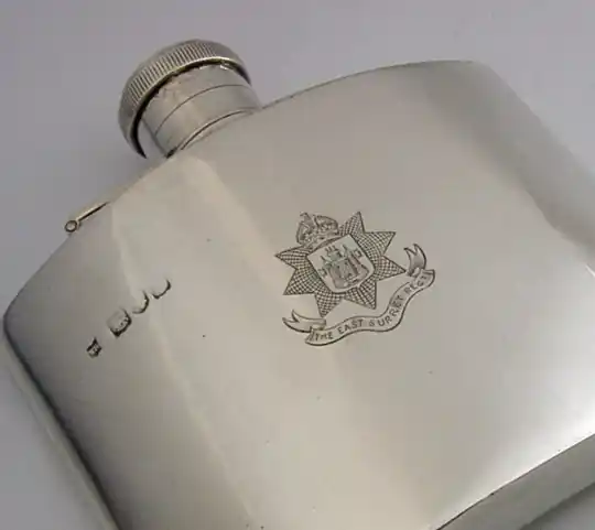 EAST SURREY REGIMENT STERLING SILVER SPIRIT HIP FLASK 1896 BOER WAR ERA MILITAY