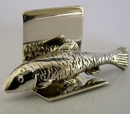 THISTLE & BEE STERLING SILVER FISH MENU HOLDER 1999 HUNTING FISHING ANIMAL