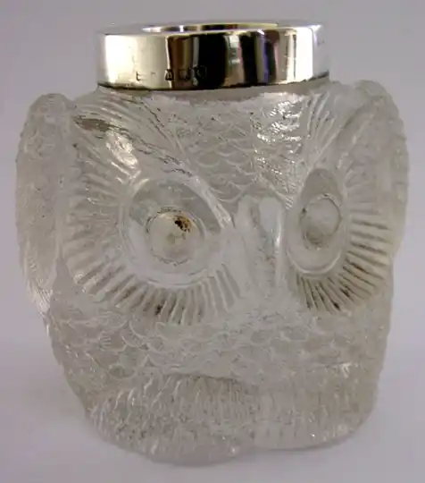 RARE ENGLISH STERLING SILVER CUT GLASS OWL MATCH STRIKER 1903 ANTIQUE 286g