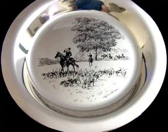 182g ENGLISH STERLING SILVER DISH TRAY RIDING TO THE HUNT 1973 CASED FOX HUNTING
