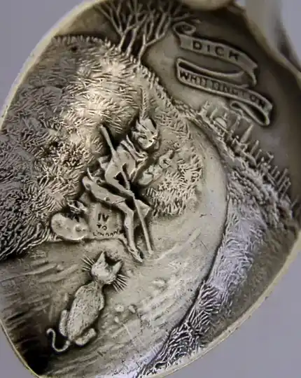 RARE ENGLISH SOLID STERLING SILVER DICK WHITTINGTON CAT DOG SPOON 1911