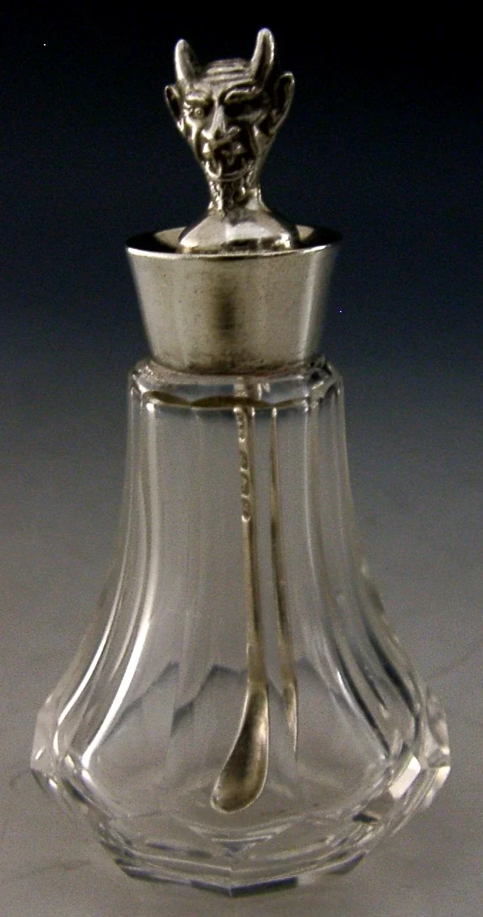 RARE DEVIL STERLING SILVER CAYENNE LAUDANUM BOTTLE & SPOON 1915 ANTIQUE