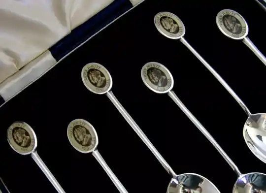 RARE SET OF SIX SOLID STERLING SILVER ENAMEL JUBILEE SPOONS 1934 CASED ROYALTY