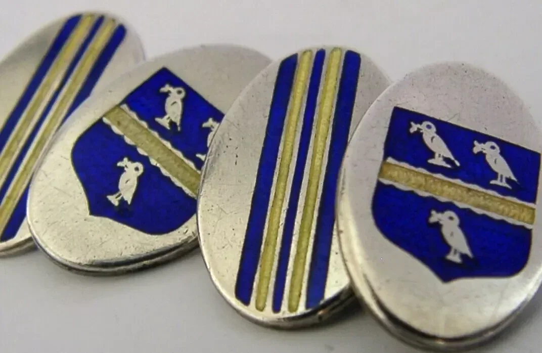 ENGLISH SOLID STERLING SILVER ENAMEL CRESTED CUFF LINKS c1920 ANTIQUE