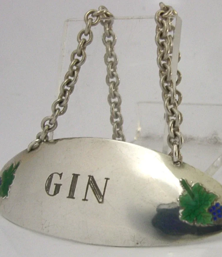 QUALITY MID CENTURY MODERN STERLING SILVER ENAMEL GIN LABEL 1964 BARWARE