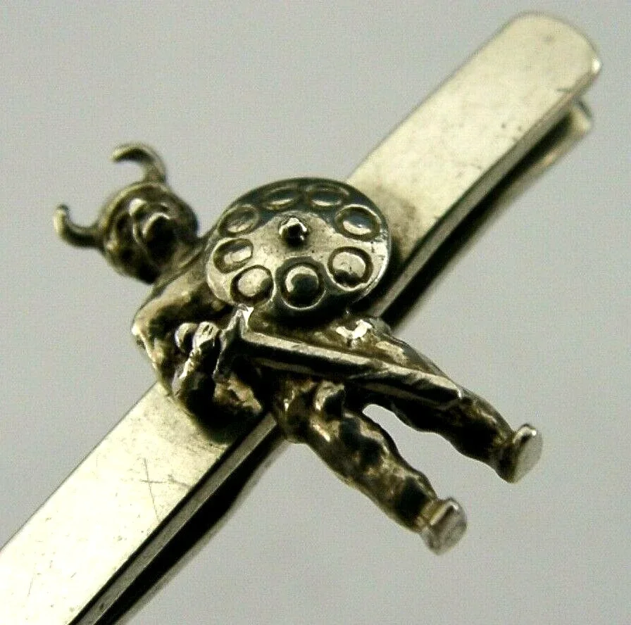 SUPERBLY DESIGNED STERLING SILVER VIKING WARRIOR TIE PIN CLIP c1960 DANISH