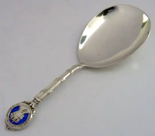 ENGLISH STERLING SILVER ENAMEL KING GEORGE VI CORONATION ROYAL CADDY SPOON 1936