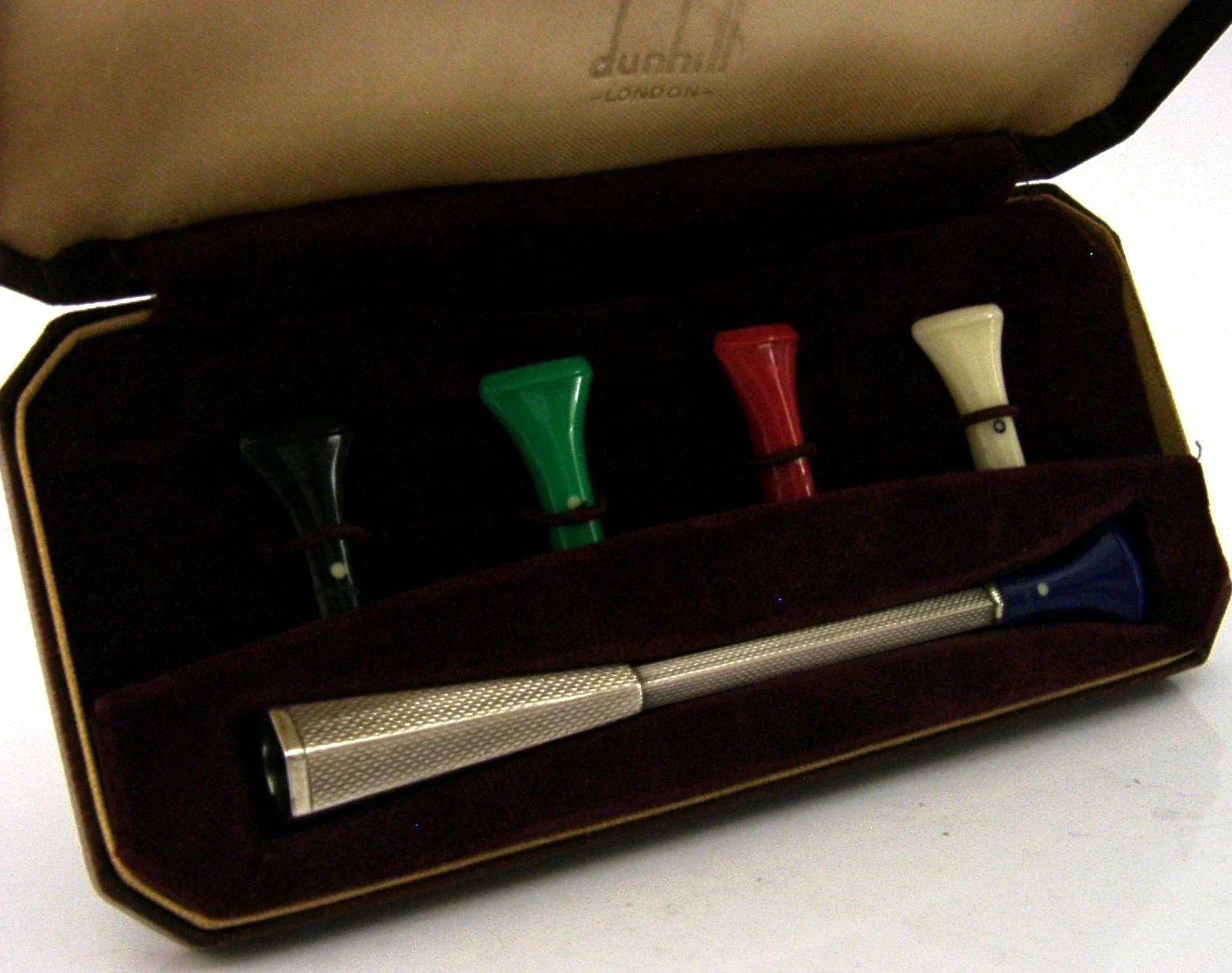 DUNHILL STERLING SILVER CIGARETTE HOLDER SET CASED 1957 ART DECO STYLISH