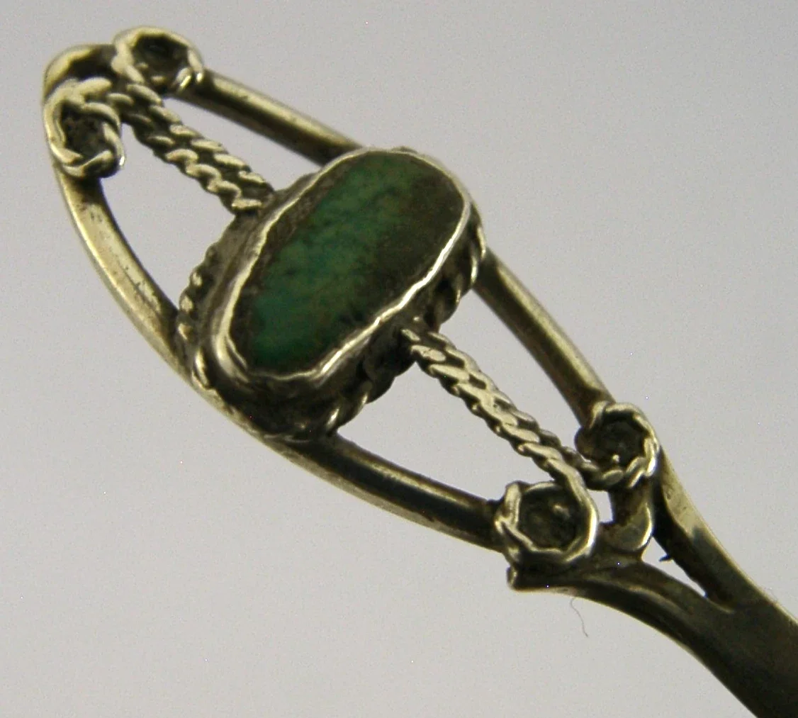 BEAUTIFUL ARTS & CRAFTS STERLING SILVER GREEN STONE SPOON c1970 HAND MADE
