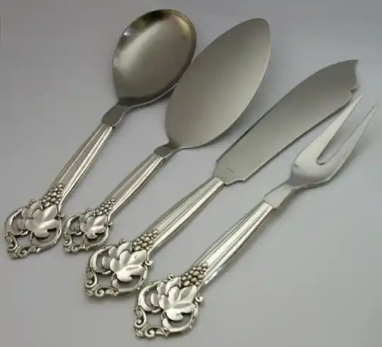 STUNNING LARGE DANISH 1948 SOLID SILVER HANDLED SERVING SET SERVERS 10.5inch