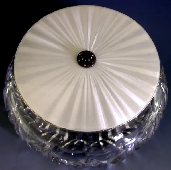 SUPERB VERY LARGE STERLING SILVER CUT GLASS ENAMLLED DRESSING TABLE POT JAR 1964