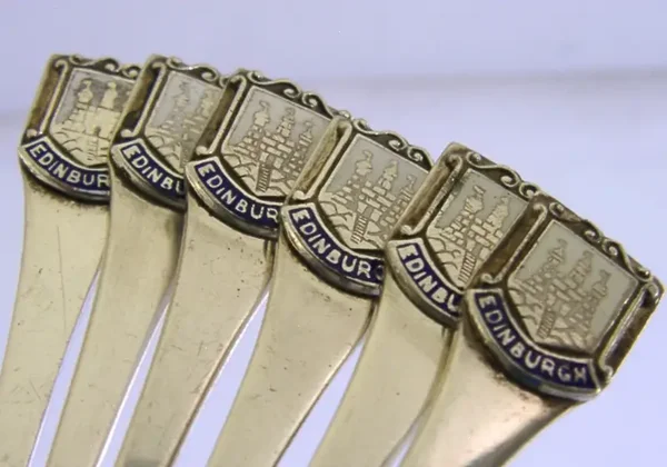 6 STERLING SILVER ENAMEL SPOONS EDINBURGH 1959-61