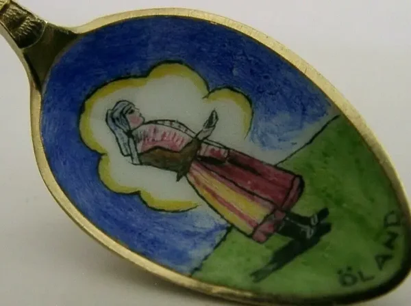 SWEDISH SOLID SILVER ENAMEL PICTURE BOWL OLAND SOUVENIR SPOON 1930s HAND PAINTED