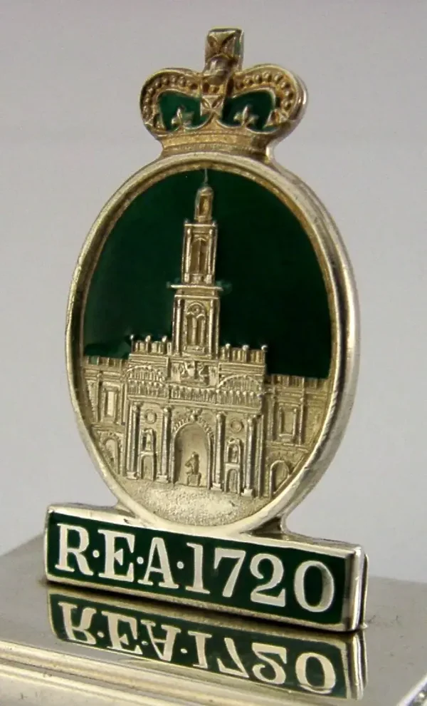 ANTIQUE 1919 STERLING SILVER ENAMEL ROYAL EXCHANGE FIRE PLAQUE MENU HOLDER .