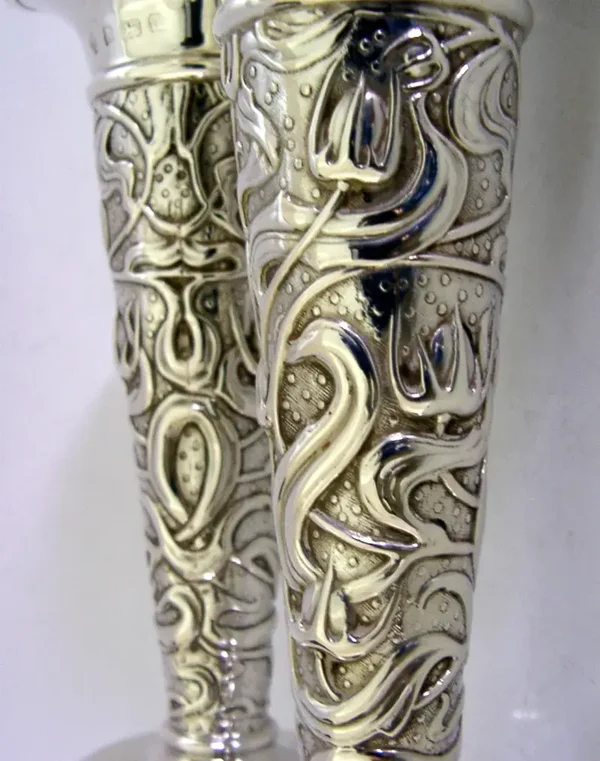 STUNNING ENGLISH ANTIQUE STERLING SILVER VASES ARTS & CRAFTS ART NOUVEAU 1903