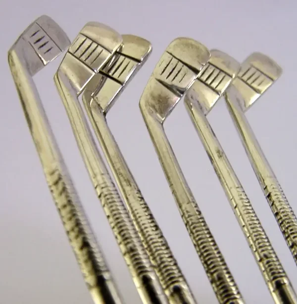 NOVELTY GOLF CLUB STERLING SILVER COCKTAIL STICKS c1920 SPORTING ANTIQUE BARWARE