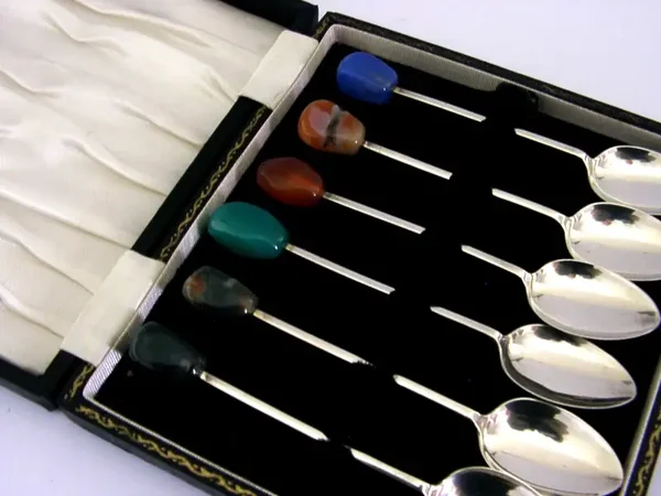 SUPERB AGATE SET STERLING SILVER SPOONS 1966 MID CENTURY MODERN 71g