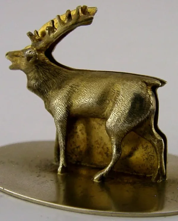 STERLING SILVER GILT STAG DEER ANIMAL MENU HOLDER 1923 CHRISTMAS ANTIQUE