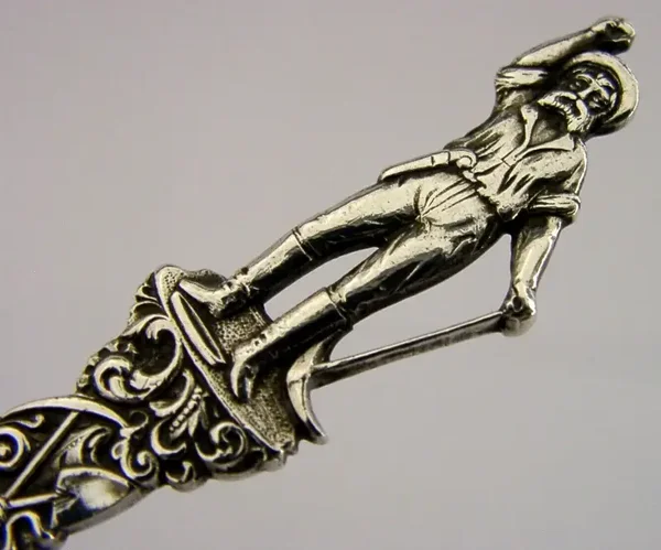 AMERICAN STERLING SILVER SOUVENIR BON BON SPOON GOLDEN GATE MINER c1900 ANTIQUE