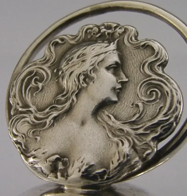 BEAUTIFUL ART NOUVEAU ANTIQUE MAIDEN STERLING SILVER MENU HOLDER 1904