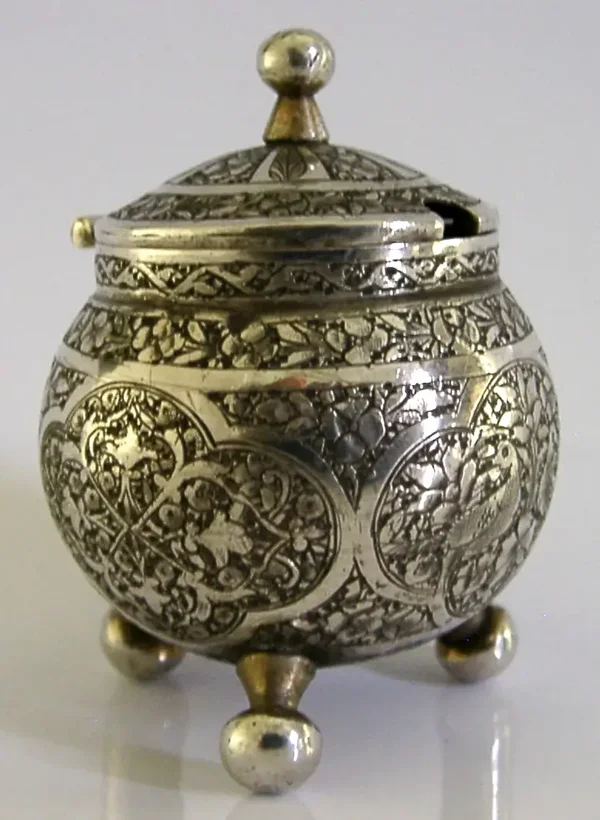 QUALITY ANTIQUE EASTERN ISLAMIC OTTOMAN SOLID SILVER MUSTARD POT c1920