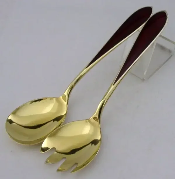 STUNNING NORWEGIAN SOLID STERLING SILVER GILT ENAMEL SALAD SERVERS c1950 THUNE