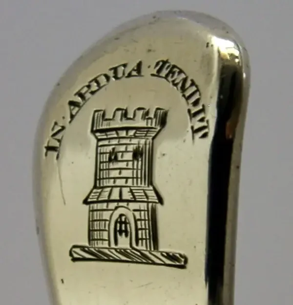 STERLING SILVER CLAN MALCOLM Mac Cullen CRESTED SUGAR SIFTER SPOON 1801 GEORGIAN