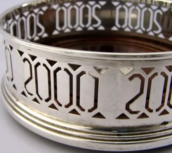 LARGE ENGLISH STERLING SILVER WINE CHAMPAGNE BOTTLE COASTER 2000 BARWARE