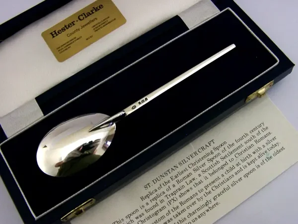 SOLID STERLING SILVER ROMAN REPLICA SPOON 1990 CHRISTENING BAPTISM CASED