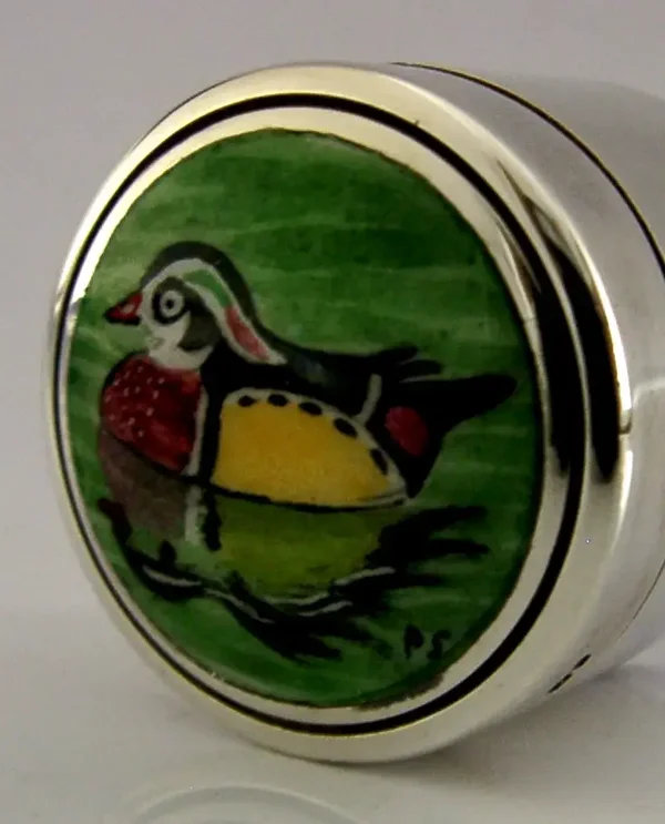 PRETTY SOLID STERLING SILVER ENAMEL ENGLISH DUCK BOX 1979 BIRD