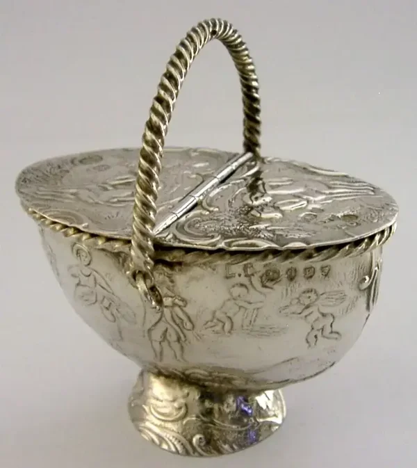 NOVELTY DUTCH SOLID STERLING SILVER PICNIC BASKET BOX 1891 ANTIQUE VERY PRETTY