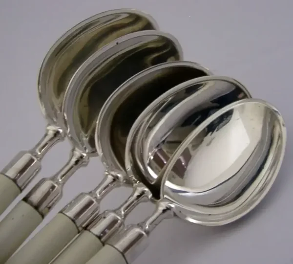 5 HANS HANSEN DANISH DESIGNER SOLID SILVER CERAMIC SUNDAE SPOONS c1950 MODERNIST