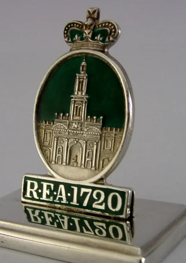 ANTIQUE 1919 STERLING SILVER ENAMEL ROYAL EXCHANGE FIRE PLAQUE MENU HOLDER