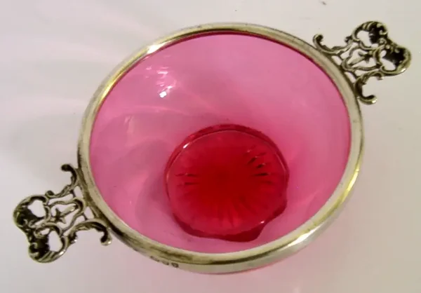 ENGLISH SOLID SILVER CRANBERRY GLASS BRANDY BOWL WHISKY QUAICH 1894 BARWARE