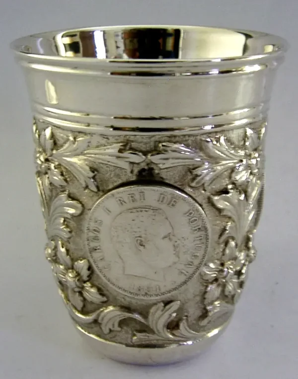 SUPERB HEAVY 140g PORTUGUESE 916 SOLID SILVER COIN BEAKER CUP c1950 MERGULHAO