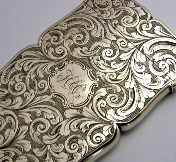 STUNNING EDWARD SMITH STERLING SILVER CARD CASE 1855 LEFT HANDED ANTIQUE MINT