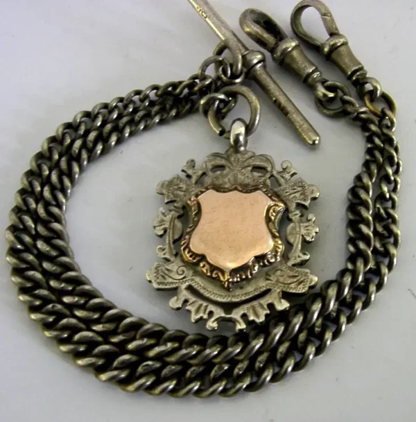 ENGLISH 42g SOLID STERLING SILVER WATCH CHAIN & FOB 1899 & 1905 ANTIQUE