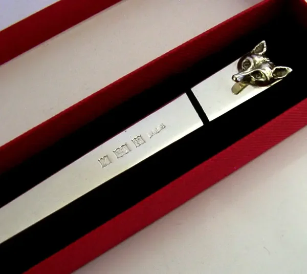 ENGLISH STERLING SILVER FOX LETTER ENVELOPE OPENER 1974 HUNTING ANIMAL BOXED