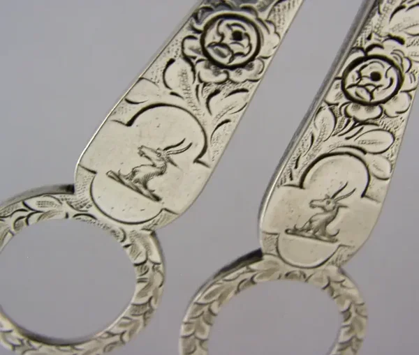 ENGLISH STERLING SILVER GOAT RIGBY FAMILY CRESTED GRAPE SHEARS 1887 ANTIQUE